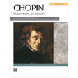 The image shows the cover of a sheet music book for Chopin's complete Nocturnes for piano. It features the title "CHOPIN NOCTURNES FOR THE PIANO," an orange "COMPLETE" banner, a classical portrait of Chopin, and text stating "PRACTICAL PERFORMING EDITION" edited by Willard A. Palmer. The Alfred Music logo and "AN ALFRED MASTERWORK EDITION" label are also visible. This edition collects Chopin’s renowned Romantic-era nocturnes.