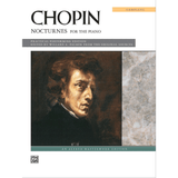 The image shows the cover of a sheet music book for Chopin's complete Nocturnes for piano. It features the title "CHOPIN NOCTURNES FOR THE PIANO," an orange "COMPLETE" banner, a classical portrait of Chopin, and text stating "PRACTICAL PERFORMING EDITION" edited by Willard A. Palmer. The Alfred Music logo and "AN ALFRED MASTERWORK EDITION" label are also visible. This edition collects Chopin’s renowned Romantic-era nocturnes.