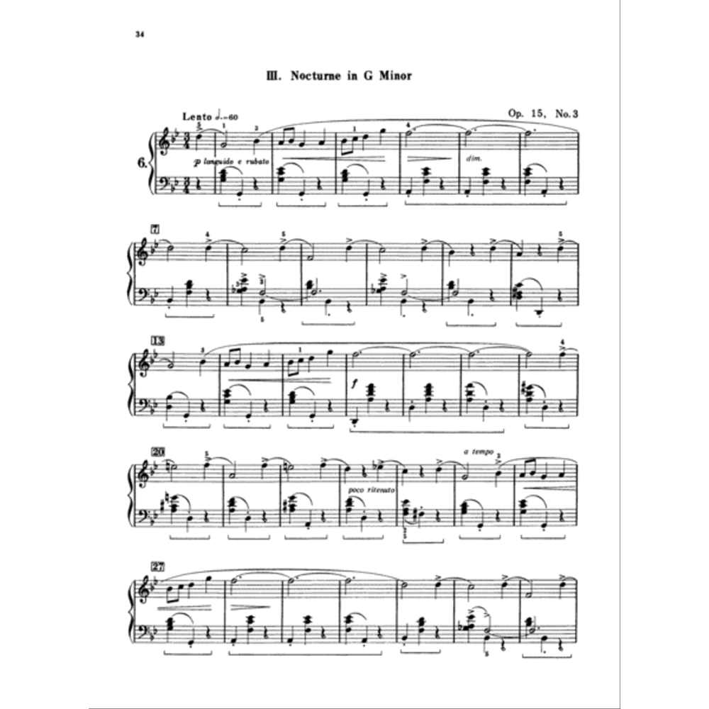 The image shows a page of piano sheet music for Chopin's "III. Nocturne in G Minor" (Op. 15, No. 3). It features treble and bass clefs, tempo markings like "Lento" and "p languido e rubato," measure numbers, dynamics such as "dim." and "a tempo," and expressive indications including "poco ritento." The notation displays complex rhythms and ornaments typical of Romantic-era piano music.