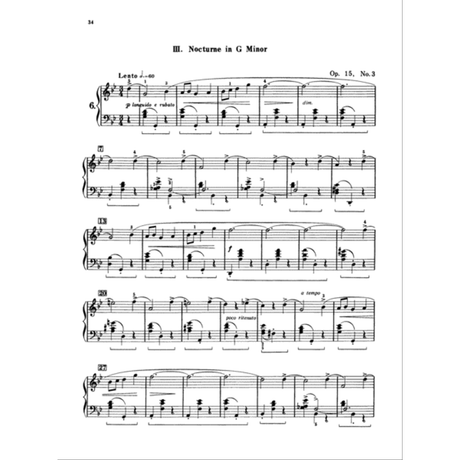 The image shows a page of piano sheet music for Chopin's "III. Nocturne in G Minor" (Op. 15, No. 3). It features treble and bass clefs, tempo markings like "Lento" and "p languido e rubato," measure numbers, dynamics such as "dim." and "a tempo," and expressive indications including "poco ritento." The notation displays complex rhythms and ornaments typical of Romantic-era piano music.