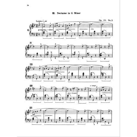 The image shows a page of sheet music for "III. Nocturne in G Minor, Op. 15 No. 3," marked Lento ♩=60, written for piano with treble and bass clefs. It includes dynamic and expression markings (p, f, legato, rubato, dim., poco ritenuto, a tempo), pedal symbols, measure numbers (6, 9, 13, 20, 26), and complex rhythms typical of nocturnes. This is page 34 of a larger score, likely from the Romantic period.