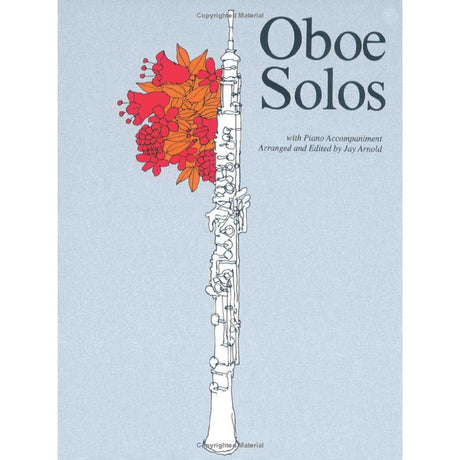 Book cover of 'Oboe Solos' with an oboe illustration and red flowers on a light blue background.