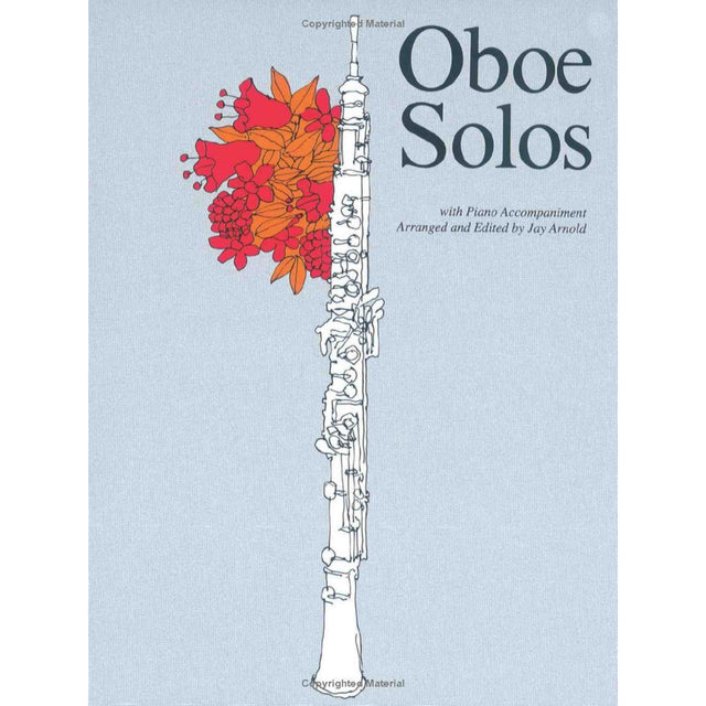 Book cover of 'Oboe Solos' with an oboe illustration and red flowers on a light blue background.