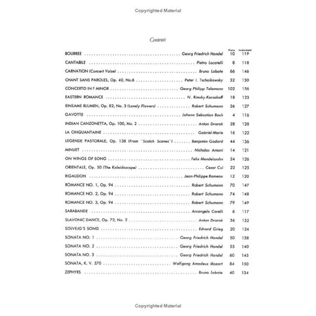 Sheet music table of contents For the book Oboe solos, with composer names and page numbers on a white background