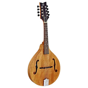 The image shows an A-style mandolin with a teardrop-shaped natural wood body, featuring F-holes, a flat top and back, and a traditional tailpiece. It has a black headstock with 8 tuning pegs (4 per side), a fretted neck with position markers, and 8 strings in 4 courses. This acoustic mandolin combines classic construction and design, suitable for various musical styles.