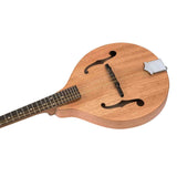 The image shows a mandolin, a stringed instrument with a teardrop-shaped wooden body and natural finish. It has F-shaped sound holes, a dark fretted neck, a floating bridge, multiple paired strings, and a tailpiece. The mandolin is photographed against a white background, highlighting its wood grain and craftsmanship. Commonly used in folk, bluegrass, and classical music, it appears to be a quality acoustic instrument.