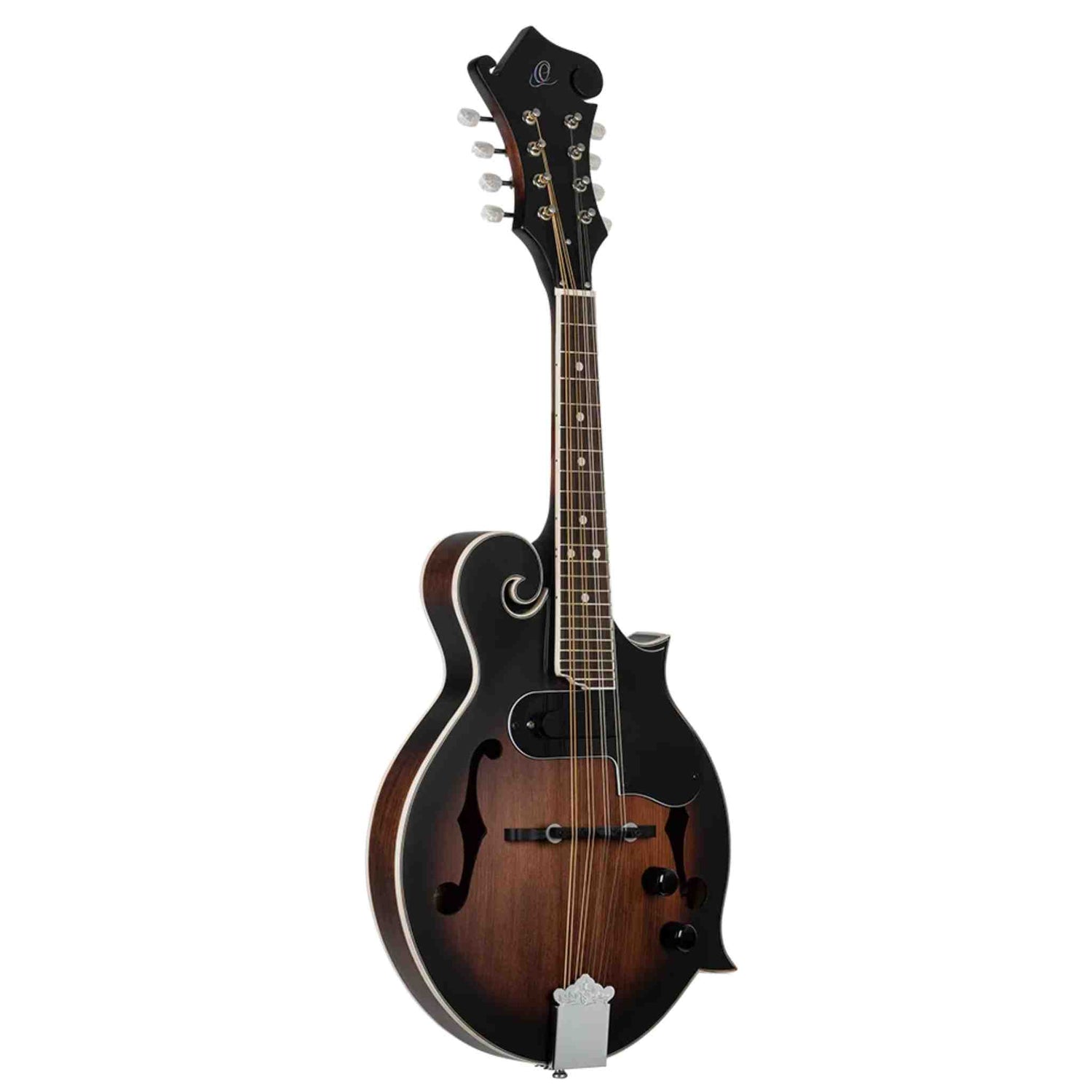 The image shows an F-style mandolin, a stringed instrument with a hollow wooden body, sunburst finish, and distinctive decorative scroll on the upper bout. It features 8 strings in 4 pairs, f-holes, a fretted neck with dot markers, an ornate headstock with tuning pegs, and pickup controls, indicating it is an acoustic-electric mandolin. This instrument is commonly used in bluegrass, folk, and classical music.