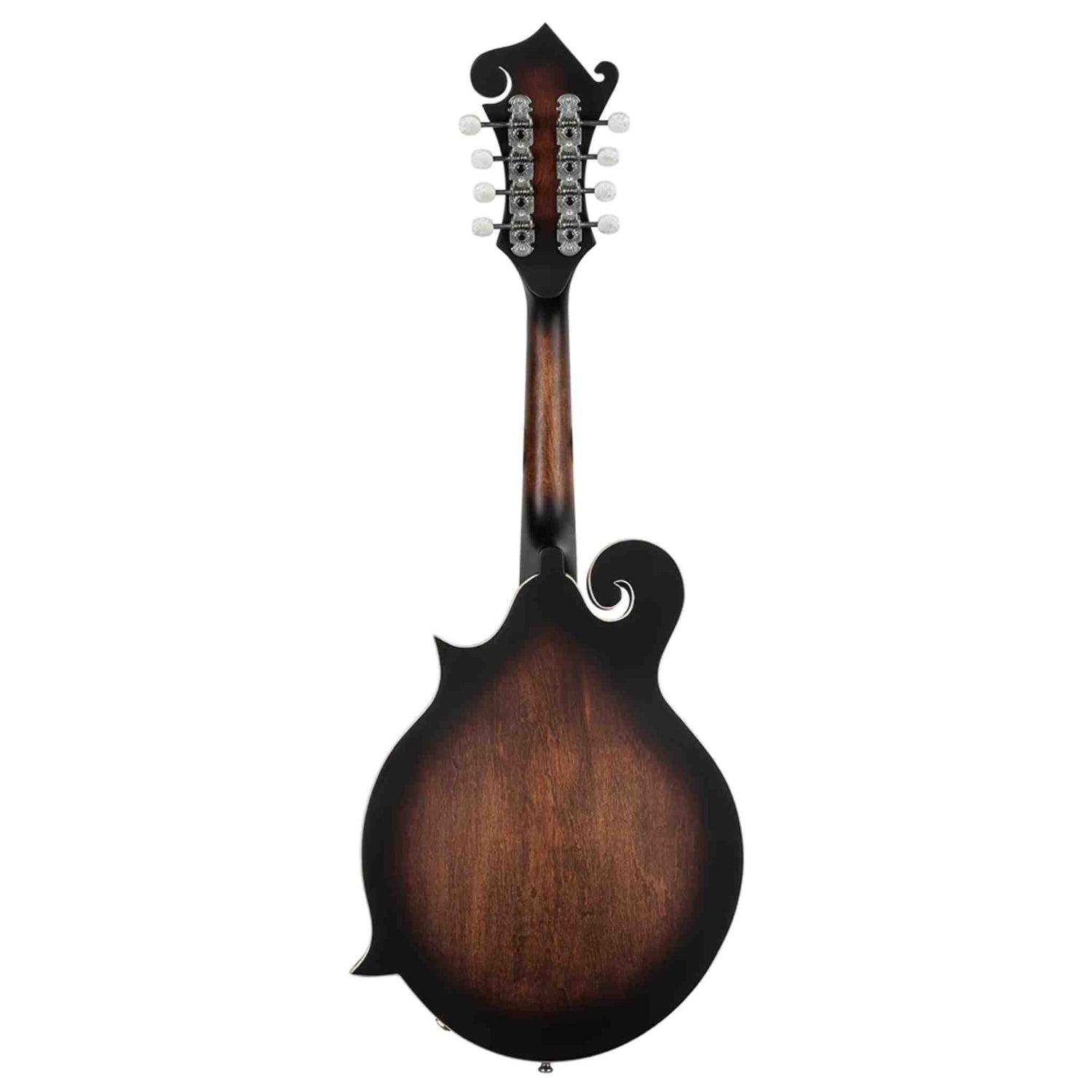 The image shows the back of an F-style mandolin with 8 tuning pegs arranged in pairs on the headstock. It features a sunburst finish, transitioning from amber in the center to dark brown at the edges, and a decorative scroll on the upper bout. The wooden body has traditional mandolin proportions and a teardrop shape. This stringed instrument is from the lute family, commonly used in bluegrass, folk, and classical music.