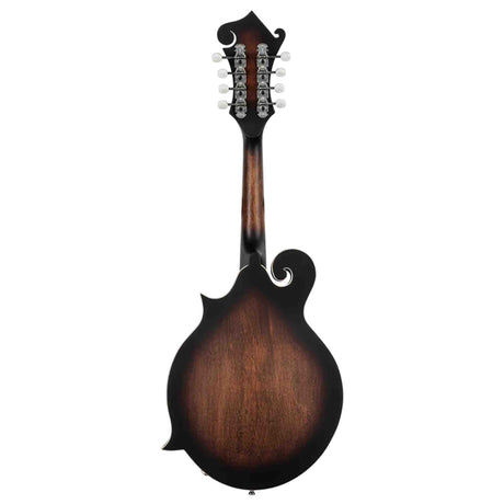 The image shows the back of an F-style mandolin with 8 tuning pegs arranged in pairs on the headstock. It features a sunburst finish, transitioning from amber in the center to dark brown at the edges, and a decorative scroll on the upper bout. The wooden body has traditional mandolin proportions and a teardrop shape. This stringed instrument is from the lute family, commonly used in bluegrass, folk, and classical music.