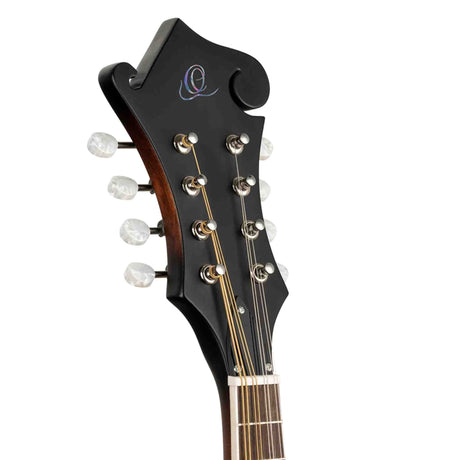 The image shows the headstock of a stringed instrument with a sleek black finish and a decorative logo. It has 8 tuning pegs (4 on each side) with white/pearl buttons, suggesting it is a mandolin rather than a standard guitar. The metal tuning pegs have a chrome or nickel finish. Strings extend toward the neck, where part of the fretboard and position markers are visible. The craftsmanship is clean and professional, with contrasting black and natural wood tones.