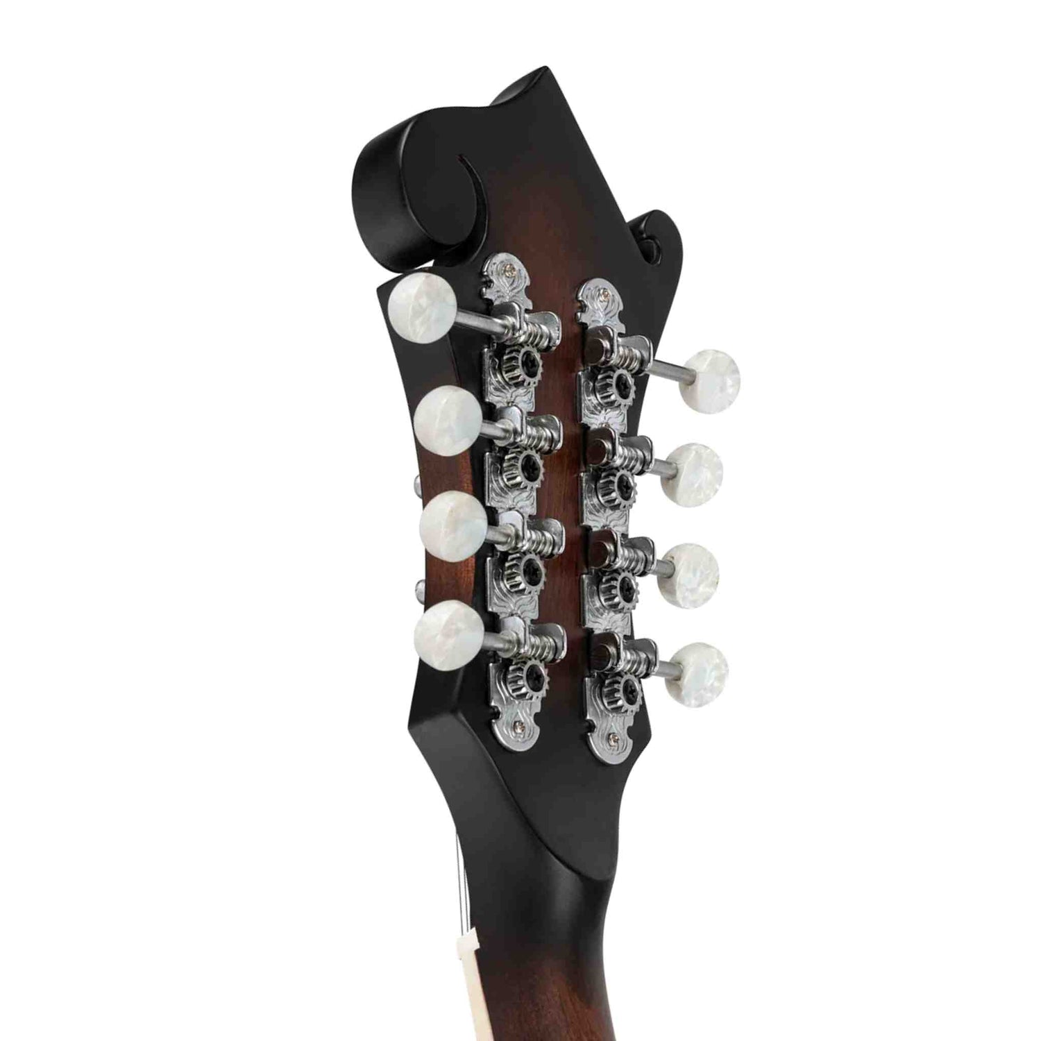 The image shows the headstock of a mandolin featuring eight chrome-plated tuning pegs arranged in four pairs with white tuning buttons. The dark wood headstock, likely walnut or similar, has a black-stained front and ornate, high-quality tuning hardware. This acoustic mandolin is crafted with attention to detail, reflecting its traditional double-string design tuned to G-D-A-E courses.