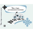 The image shows the cover of the "Palmer-Hughes Accordion Course" instruction book by Alfred Music. It features a vintage-style illustration of children in folk-style clothes marching across piano keys, with "P" and "H" on some outfits. The light blue and white design includes floral symbols and a note referencing "Group or Individual Instruction," highlighting its use for both private and group accordion lessons.
