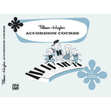 The image shows the cover of the "Palmer-Hughes Accordion Course" instruction book by Alfred Music. It features a vintage-style illustration of children in folk-style clothes marching across piano keys, with "P" and "H" on some outfits. The light blue and white design includes floral symbols and a note referencing "Group or Individual Instruction," highlighting its use for both private and group accordion lessons.