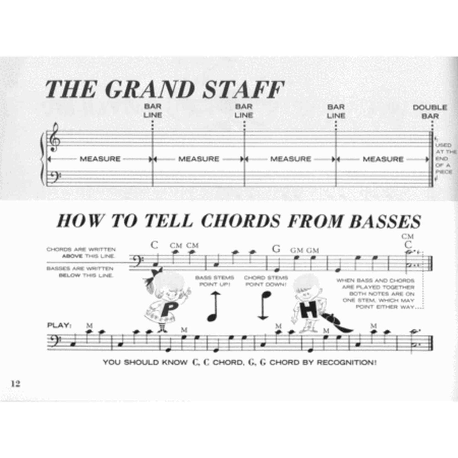 The image shows a page from a music theory book featuring two sections: "THE GRAND STAFF," which illustrates a grand staff with labeled parts like bar lines and measures, and "HOW TO TELL CHORDS FROM BASSES," explaining how to distinguish chords from bass lines using chord symbols, stem directions, and musical examples. The page is marked as page 12 and is intended for beginner music learners.