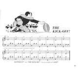 The image shows a page of sheet music titled "THE KICK-OFF!" featuring piano notation on treble and bass staves with measure numbers and notes. At the top is a black-and-white cartoon of football players in action, reflecting the sports theme. The page, numbered 13, includes a note that "BATTER-UP" and "THE KICK-OFF" can be played as a duet, suggesting it’s from a beginner piano method book aimed at young students.