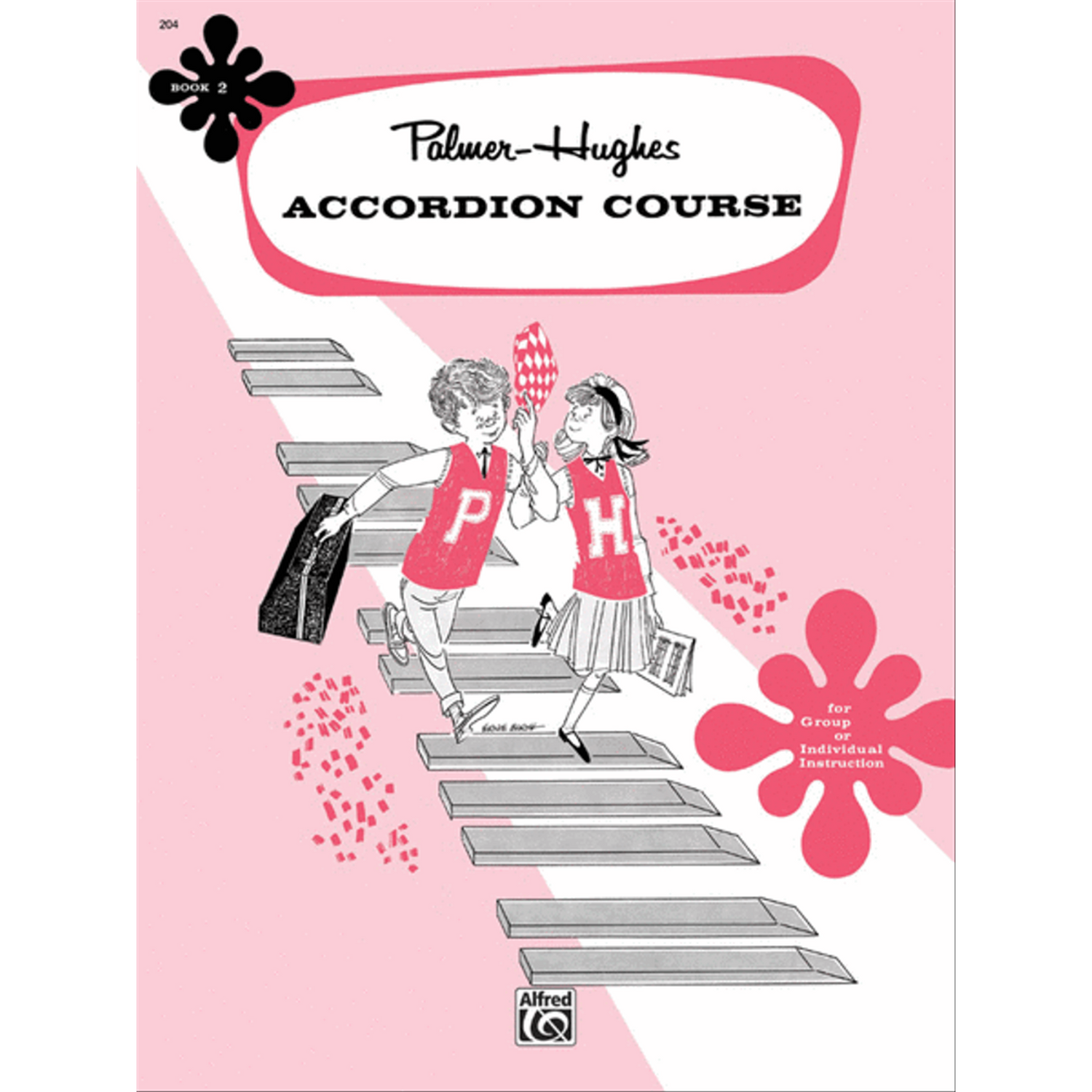 The image shows the cover of the "Palmer-Hughes Accordion Course, Book 2," an instructional music book by Alfred Music. It features a vintage pink and white design with two children in red vests labeled "P" and "H" walking up piano key steps. Text in a flower shape reads "for Group or Individual Instruction," highlighting its use for accordion learners at an intermediate beginner level.