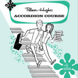 The image shows the cover of the "Palmer-Hughes Accordion Course Book 3," featuring a vintage green and white design. It displays the Palmer-Hughes name, large black "ACCORDION COURSE" text, an illustration of a man carrying an accordion case and a woman holding sheet music, scattered musical notes, and a flower-like logo in the corners. The book is for group or individual accordion instruction.