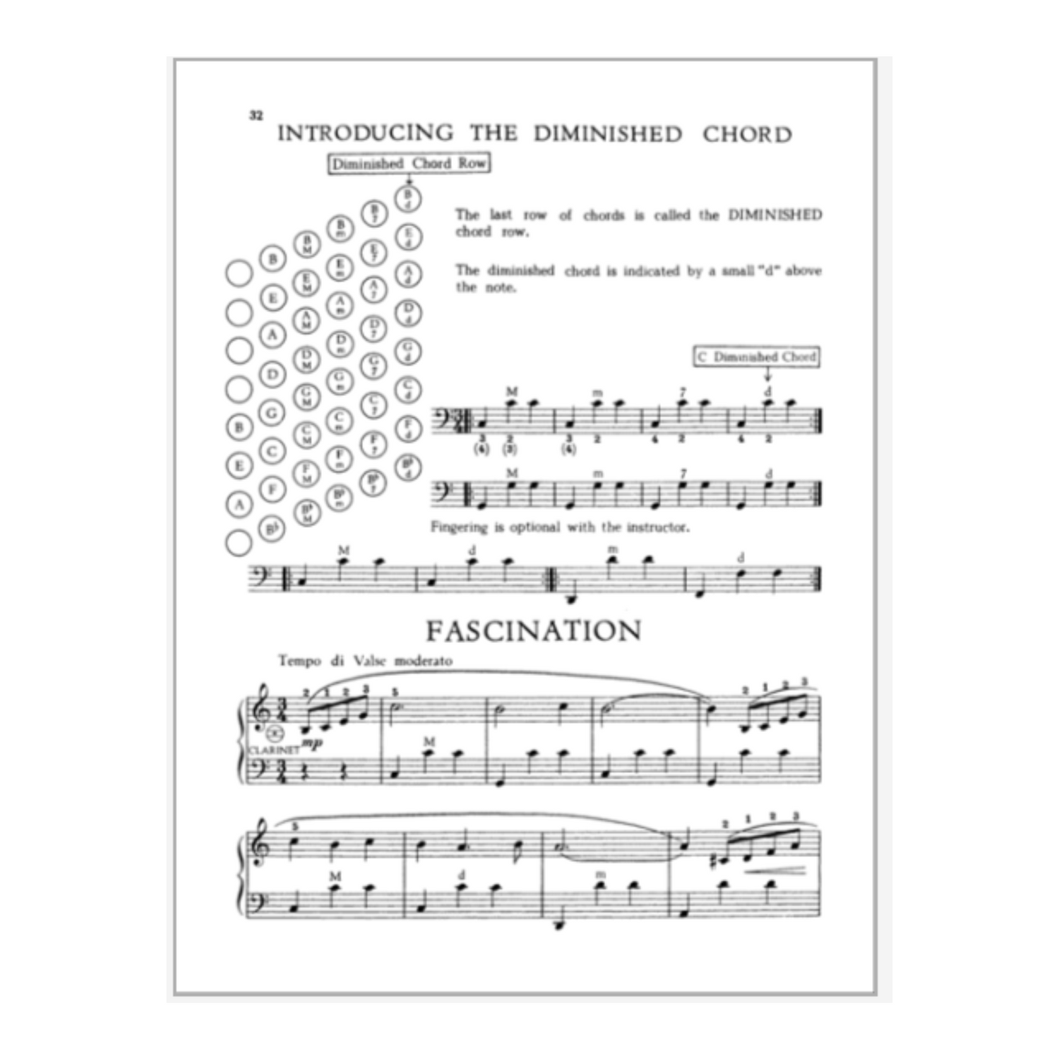 The image shows page 32 of a music instruction book titled "INTRODUCING THE DIMINISHED CHORD." It features a chord diagram of diminished chords, music notation with examples including the piece "FASCINATION" at moderate waltz tempo, and explanations about diminished chords marked with a small "d." Fingering is noted as optional, aimed at teaching intermediate piano students chord theory and performance.