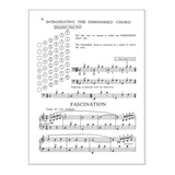 The image shows page 32 of a music instruction book titled "INTRODUCING THE DIMINISHED CHORD." It features a chord diagram of diminished chords, music notation with examples including the piece "FASCINATION" at moderate waltz tempo, and explanations about diminished chords marked with a small "d." Fingering is noted as optional, aimed at teaching intermediate piano students chord theory and performance.