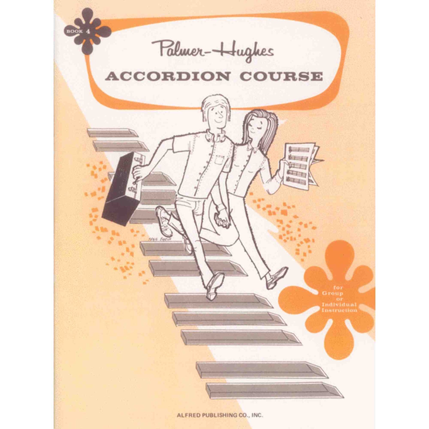 The image shows the cover of a vintage "Palmer-Hughes Accordion Course" instruction book by Alfred Publishing Co. It features a retro orange and cream design with an illustration of a young man and woman seated on piano keys, holding sheet music, and an accordion in black. Decorative floral elements and text note it’s for group or individual instruction and marked as Book 1. This popular mid-20th-century method helped students learn the accordion.