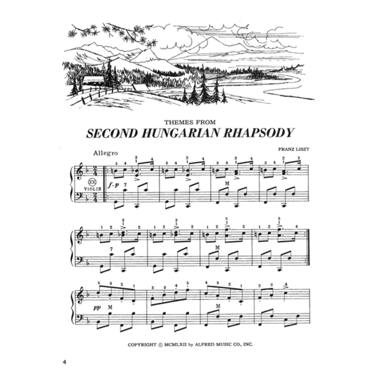 The image shows a page of sheet music for "Themes from Second Hungarian Rhapsody" by Franz Liszt, featuring treble and bass clef staves marked Allegro, with dynamics, fingering, and performance markings. At the top is a decorative pen-and-ink landscape of mountains, trees, and clouds. The bottom includes publisher info ("COPYRIGHT © MCMLXII by ALFRED MUSIC CO. INC."), and the page number 4. The design reflects an artistic, classical piano collection for intermediate players.