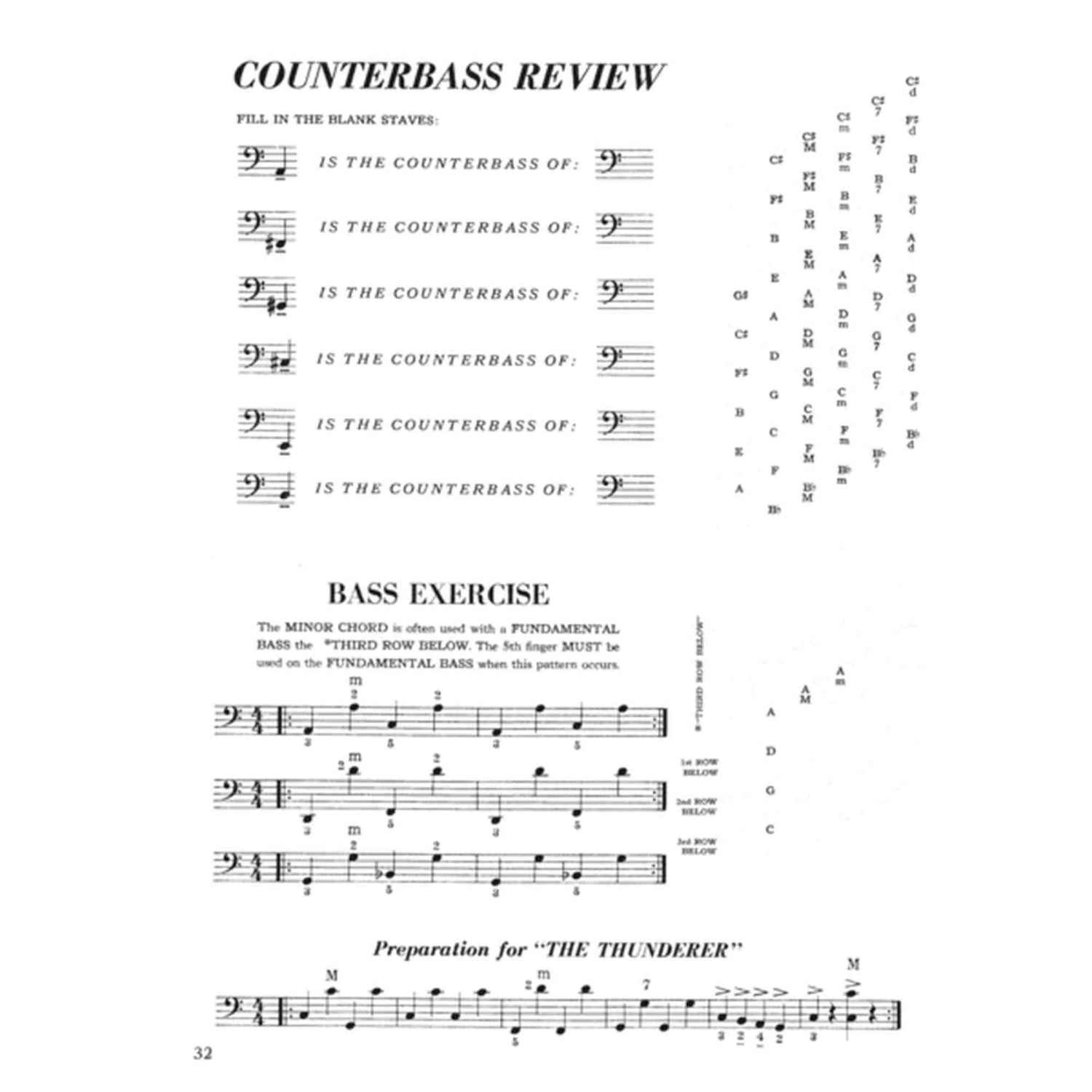 The image shows a bass instruction sheet divided into three sections: a "Counterbass Review" with fill-in-the-blank bass clef exercises and a note interval chart; a "Bass Exercise" explaining minor chords with bass clef notation and finger positioning tips; and a preparation exercise for "THE THUNDERER" featuring a bass clef line with complex rhythms and articulation marks. The page number 32 is visible.