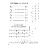 The image shows a bass instruction sheet divided into three sections: a "Counterbass Review" with fill-in-the-blank bass clef exercises and a note interval chart; a "Bass Exercise" explaining minor chords with bass clef notation and finger positioning tips; and a preparation exercise for "THE THUNDERER" featuring a bass clef line with complex rhythms and articulation marks. The page number 32 is visible.