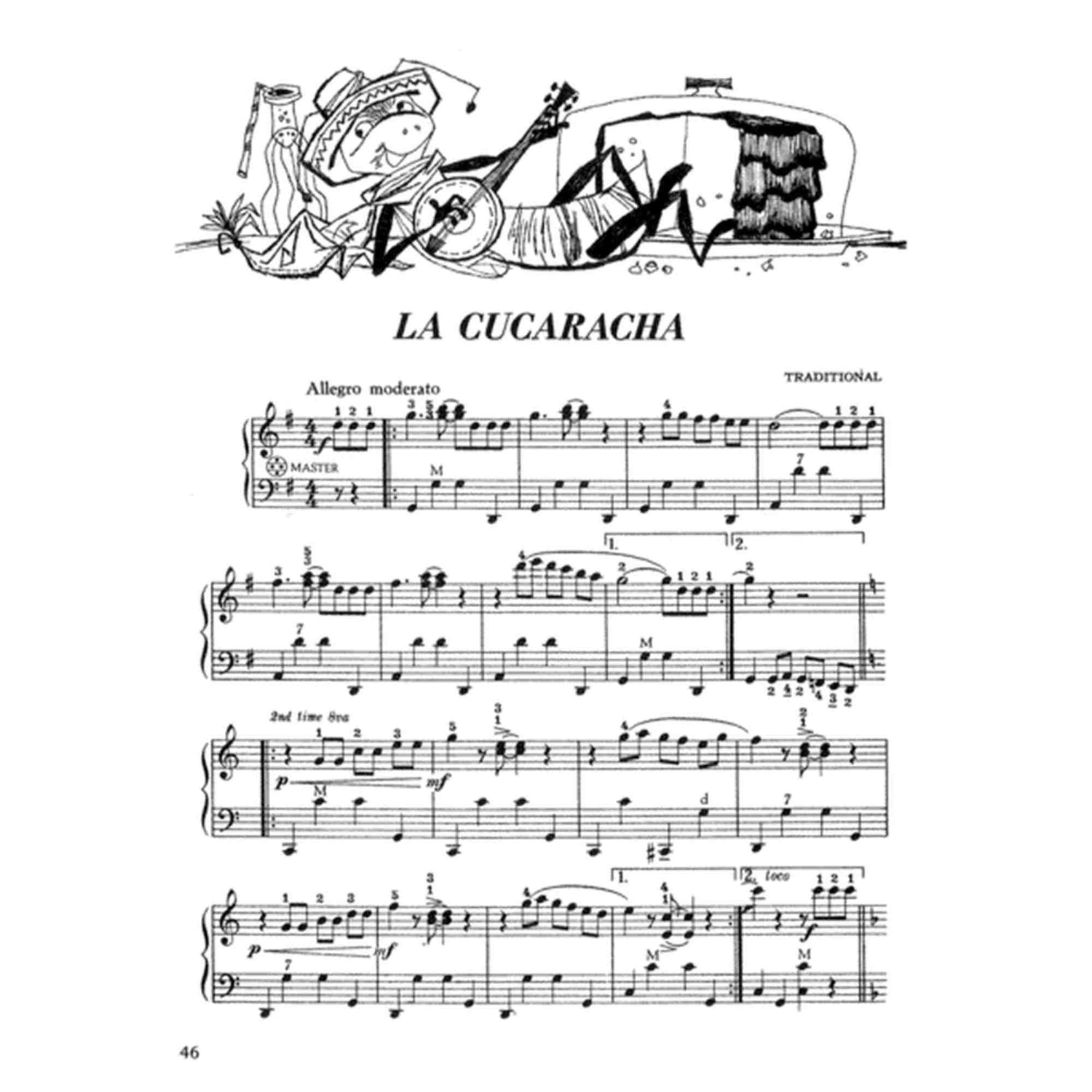 The image shows a page of sheet music for "La Cucaracha," featuring a black and white illustration of Mexican musicians wearing sombreros and traditional instruments at the top. Below is piano notation with treble and bass clefs, marked "Allegro moderato" and labeled "TRADITIONAL." The page includes standard musical symbols, dynamics, and fingering, suggesting it is from a piano method or folk song collection, with page number 46 at the bottom.