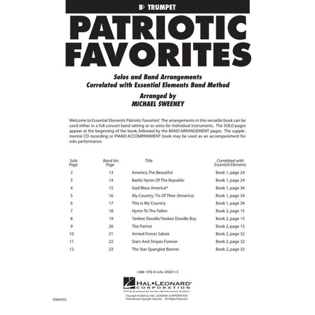 Sheet music cover for 'Patriotic Favorites' arranged for Trumpet by Michael Sweeney, featuring a list of songs and arrangements.