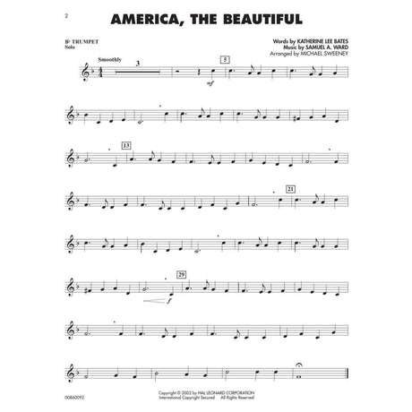Sheet music for 'America, the Beautiful' arranged for B-flat trumpet solo on a white background.