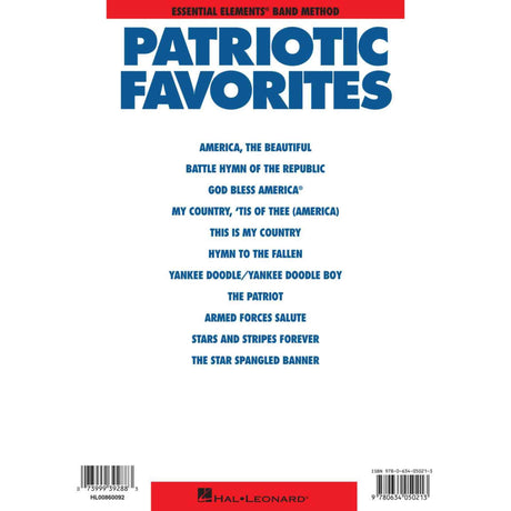 Cover of 'Patriotic Favorites' music book by Hal Leonard with a list of patriotic songs.