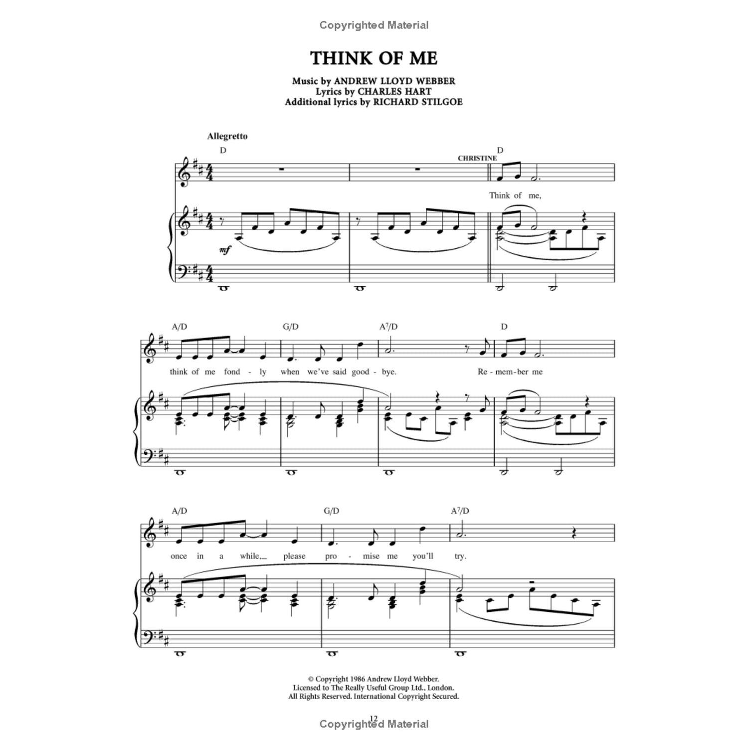 The image shows a page of sheet music for "Think of Me" from Andrew Lloyd Webber's "The Phantom of the Opera." It features the title, composer and lyricists, Allegretto tempo, D major key, 4/4 time, vocal melody with lyrics, piano accompaniment, chord symbols, and the character name "CHRISTINE" above a vocal line. The sheet includes copyright notices, indicating it is an official published score.