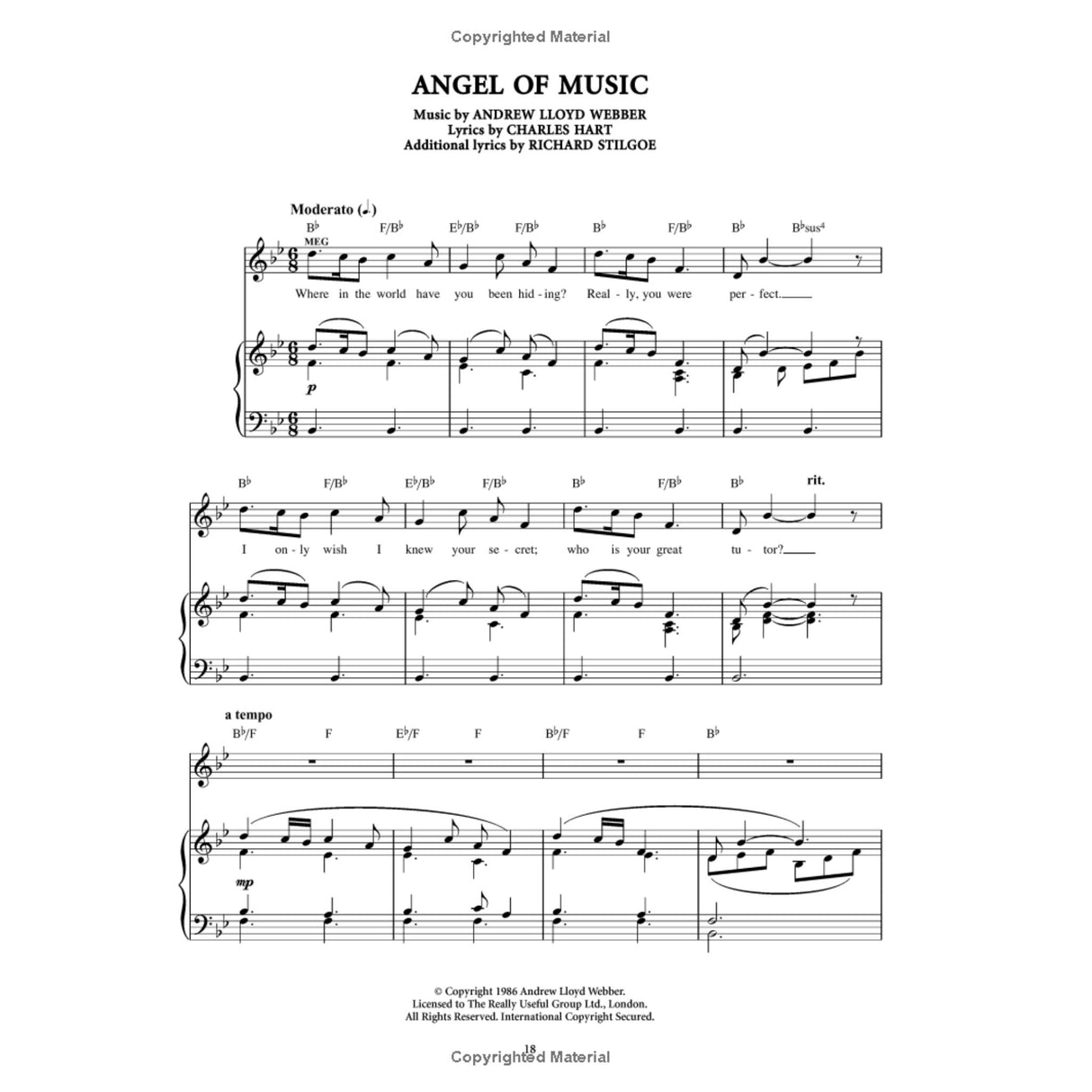 The image shows a page of sheet music for "Angel of Music" from Andrew Lloyd Webber's musical *The Phantom of the Opera*. It features the vocal melody with lyrics, piano accompaniment on a grand staff, chord symbols, and dynamic markings in B♭ major, 6/8 time, marked Moderato. Visible lyrics include "Where in the world have you been hiding?" The page includes a 1986 copyright by Andrew Lloyd Webber.