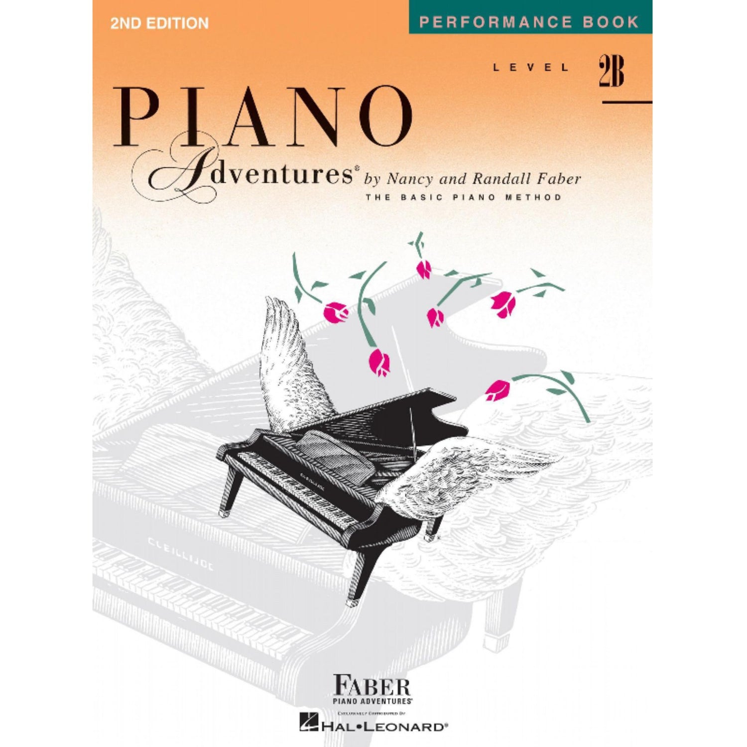 The image shows the cover of "Piano Adventures Performance Book Level 2B" (2nd Edition) by Nancy and Randall Faber, part of The Basic Piano Method series. It features a sketched grand piano with pink flowers above, set against an orange gradient background. This instructional book is for intermediate-beginner piano students, offering performance pieces to support their musical progress at Level 2B.