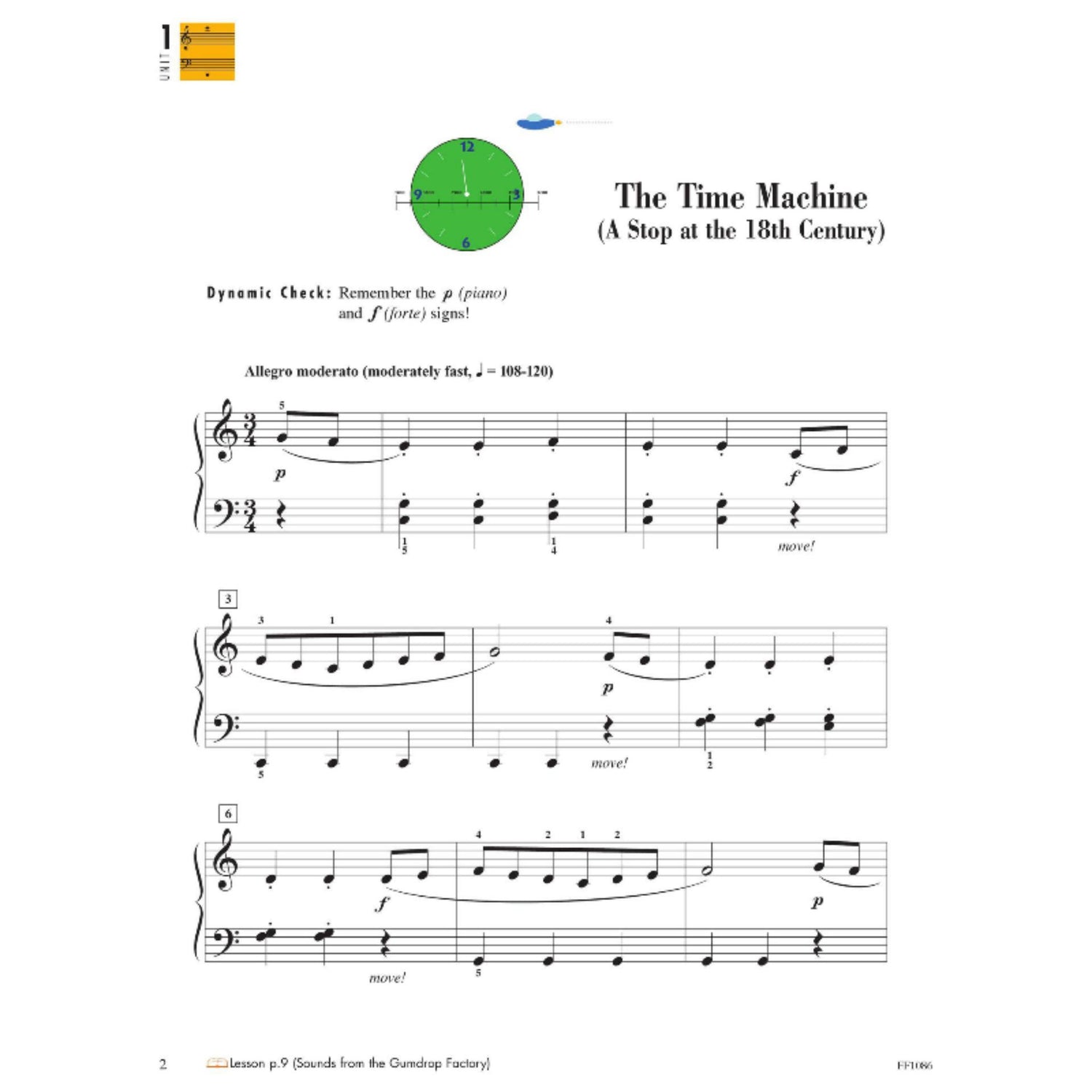 The image shows piano sheet music titled "The Time Machine (A Stop at the 18th Century)," featuring a 3/4 time signature, Allegro moderato tempo (♩=108-120), dynamic markings (p, f), fingering numbers, phrase markings, and "move!" indications. It includes a "Dynamic Check" reminder and a clock diagram, suggesting a time-travel theme. The page is from a piano lesson book, labeled Lesson p.9 (Sounds from the Gumdrop Factory).