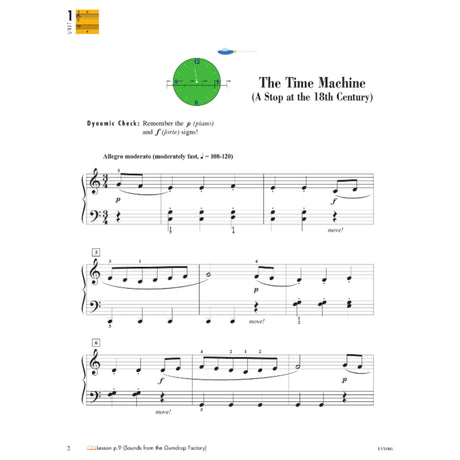 The image shows piano sheet music titled "The Time Machine (A Stop at the 18th Century)," featuring a 3/4 time signature, Allegro moderato tempo (♩=108-120), dynamic markings (p, f), fingering numbers, phrase markings, and "move!" indications. It includes a "Dynamic Check" reminder and a clock diagram, suggesting a time-travel theme. The page is from a piano lesson book, labeled Lesson p.9 (Sounds from the Gumdrop Factory).