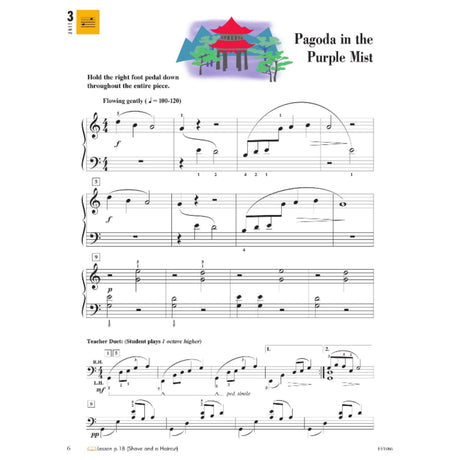 The image shows a page of piano sheet music titled "Pagoda in the Purple Mist," marked 4/4 time and tempo ♩=100-120. It features treble and bass clefs, fingering, dynamics, slurs, and a sustain pedal instruction. A decorative pagoda illustration appears at the top. The bottom includes a "Teacher Duet" section with markings for hands and pedal. It is page 3, marked FF1086, likely from an intermediate method book.