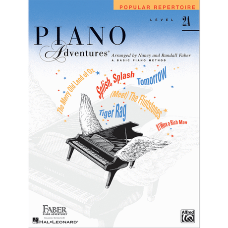 The image shows the cover of the "Piano Adventures Popular Repertoire Level 2A" book by Nancy and Randall Faber, published with Hal Leonard and Alfred Music. It features a grand piano with wings on a blue gradient background, surrounded by popular song titles like "Tomorrow" and "Meet The Flintstones," with colorful text and star accents, highlighting a fun design for piano students.
