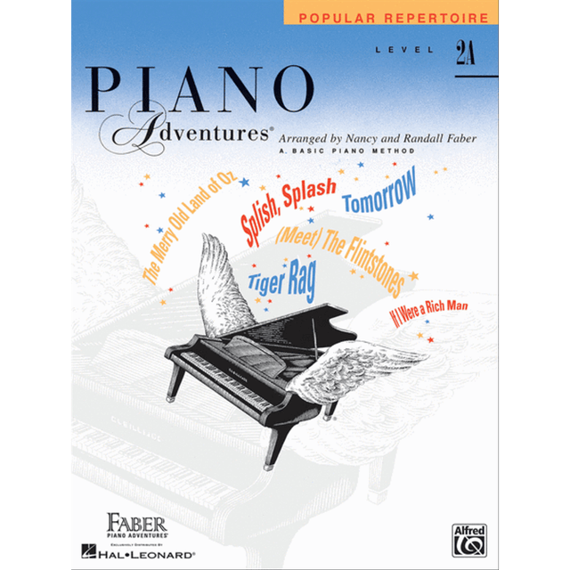 The image shows the cover of the "Piano Adventures Popular Repertoire Level 2A" book by Nancy and Randall Faber, published with Hal Leonard and Alfred Music. It features a grand piano with wings on a blue gradient background, surrounded by popular song titles like "Tomorrow" and "Meet The Flintstones," with colorful text and star accents, highlighting a fun design for piano students.