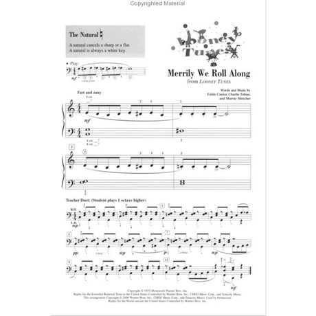The image shows a page of piano sheet music featuring "Merrily We Roll Along" from Looney Tunes, credited to Eddie Cantor, Charlie Tobias, and Murray Mencher. It includes a music theory lesson on the natural symbol, finger numbering above notes, simple rhythms, a "Teacher Duet" section, and a "Fast and zany" tempo. The page has playful Looney Tunes graphics and Warner Bros. copyright at the bottom.