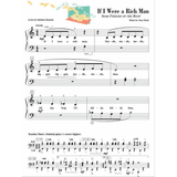 The image shows piano sheet music for "If I Were a Rich Man" from "Fiddler on the Roof," with lyrics by Sheldon Harnick and music by Jerry Bock. It features a 4/4 time signature, vocal melody with lyrics including "If I were a rich man" and "Dai-dle, dee-dle" syllables, piano accompaniment, tempo and dynamic markings, measure numbers, and a teacher-student duet section where the student plays an octave higher.