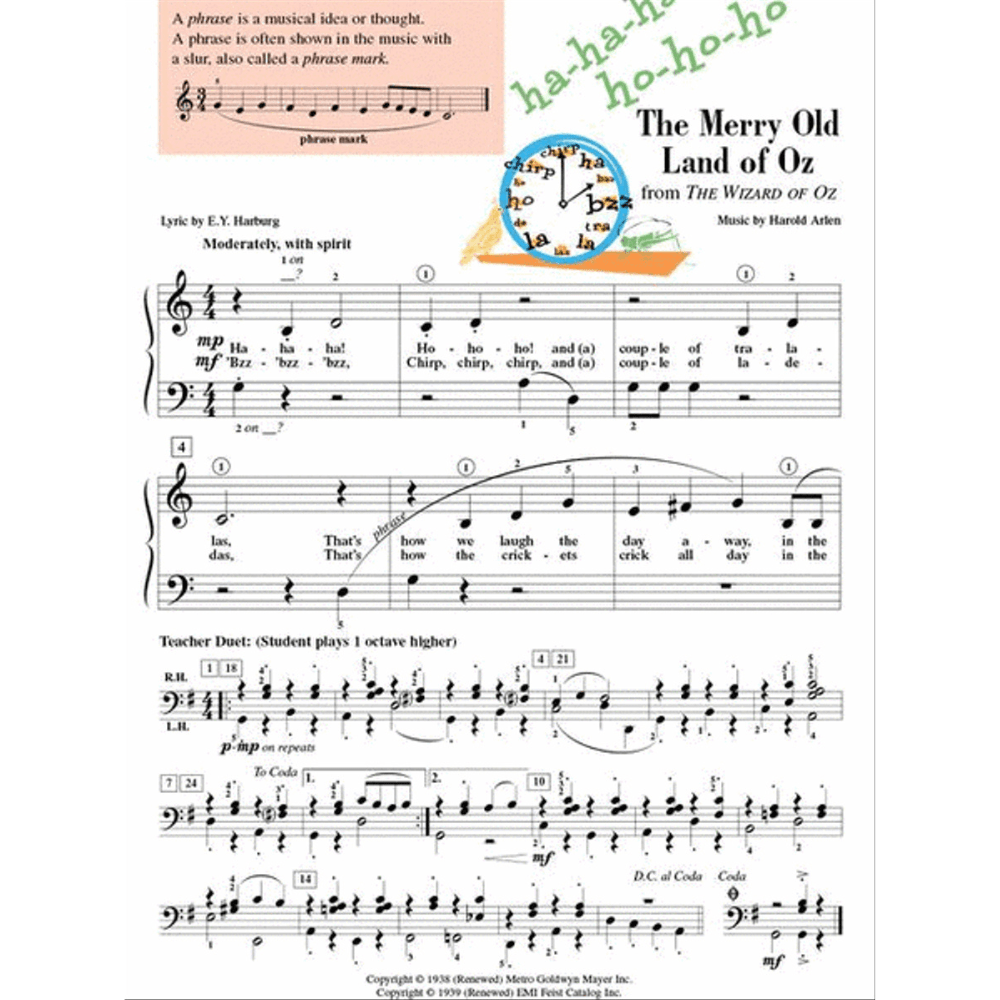 The image shows sheet music for "The Merry Old Land of Oz" from The Wizard of Oz, arranged for piano with treble and bass clefs, lyrics, and dynamics. It includes an instructional box explaining musical phrases, a "Teacher Duet" section for paired playing, tempo and fingering markings, and a decorative Wizard of Oz-themed clock graphic. This is likely from a piano method or music education book.