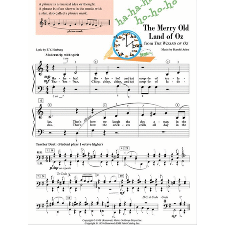 The image shows sheet music for "The Merry Old Land of Oz" from The Wizard of Oz, arranged for piano with treble and bass clefs, lyrics, and dynamics. It includes an instructional box explaining musical phrases, a "Teacher Duet" section for paired playing, tempo and fingering markings, and a decorative Wizard of Oz-themed clock graphic. This is likely from a piano method or music education book.