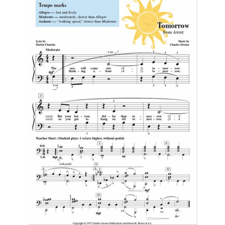 The image shows a sheet music page for "Tomorrow" from the musical "Annie," featuring the title with a sun graphic, credits to Martin Charnin (lyrics) and Charles Strouse (music), piano notation in 4/4 time with treble and bass clefs, and tempo marked Moderato. It includes opening lyrics, a tempo guide, teacher duet notes, fingering, dynamic markings, and is designed for intermediate piano students with educational annotations.