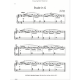 The image shows a page of piano sheet music for Carl Czerny’s "Etude in G." It features treble and bass clefs, a G major key signature, an Allegro tempo, dynamic markings (mf, p, f, cresc.), fingering numbers above notes, and four systems of music. Copyright from Neil A. Kjos Music Company is at the bottom. This etude is part of Czerny’s educational piano studies designed to develop technique.