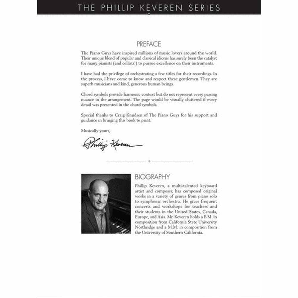 The image shows a page from "The Phillip Keveren Series" music book featuring a preface by Phillip Keveren about The Piano Guys, highlighting his orchestration work and their musicianship. It also includes a black-and-white photo and biography of Keveren, detailing his career as a keyboard artist, composer, educator, and his academic background. The page presents piano arrangements of The Piano Guys' pieces.