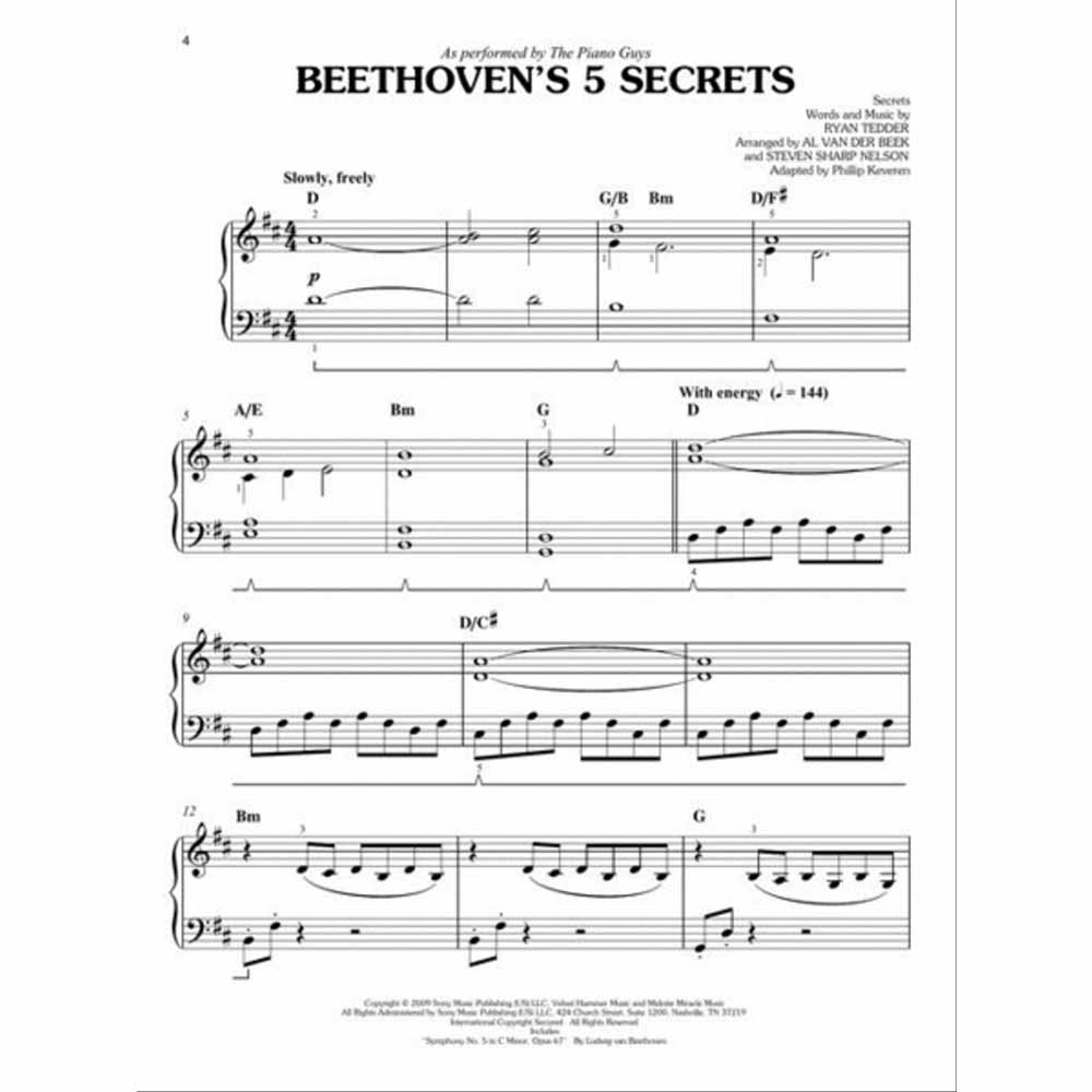 The image shows page 4 of a piano arrangement titled "Beethoven's 5 Secrets" as performed by The Piano Guys. It features treble and bass clefs, key of D major, 4/4 time, and tempo markings "Slow, freely" and "With energy (♩=144)." Chord symbols like D, G/B, and Bm appear above the staff. The music includes flowing melodies, rhythmic bass patterns, and dynamic markings. Credits list Ryan Tedder (music), with arrangements by Al van der Beek, Steven Sharp Nelson, and Phillip Keveren.