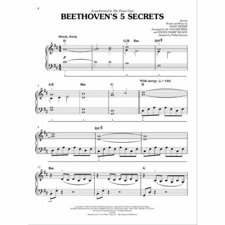 The image shows page 4 of a piano arrangement titled "Beethoven's 5 Secrets" as performed by The Piano Guys. It features treble and bass clefs, key of D major, 4/4 time, and tempo markings "Slow, freely" and "With energy (♩=144)." Chord symbols like D, G/B, and Bm appear above the staff. The music includes flowing melodies, rhythmic bass patterns, and dynamic markings. Credits list Ryan Tedder (music), with arrangements by Al van der Beek, Steven Sharp Nelson, and Phillip Keveren.