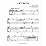 The image shows a page of sheet music for "Für Elise Jam," a modern piano arrangement of Beethoven's "Für Elise" by The Piano Guys. It features treble and bass clefs, dynamic markings, chord symbols (Am, E, C, G), and shifts from 3/4 to 4/4 time. Arranged by Jon Schmidt with collaborators and adapted by Philip Keveren, this page (32) blends classical melody with contemporary style in a professionally published format.
