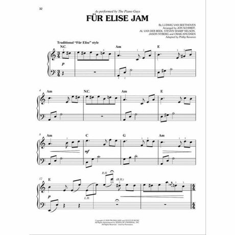 The image shows a page of sheet music for "Für Elise Jam," a modern piano arrangement of Beethoven's "Für Elise" by The Piano Guys. It features treble and bass clefs, dynamic markings, chord symbols (Am, E, C, G), and shifts from 3/4 to 4/4 time. Arranged by Jon Schmidt with collaborators and adapted by Philip Keveren, this page (32) blends classical melody with contemporary style in a professionally published format.